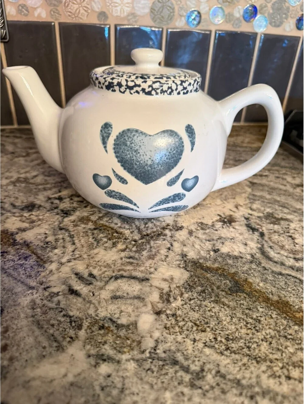 Vintage Ceramic Teapot with Blue Heart Design, Set of 2